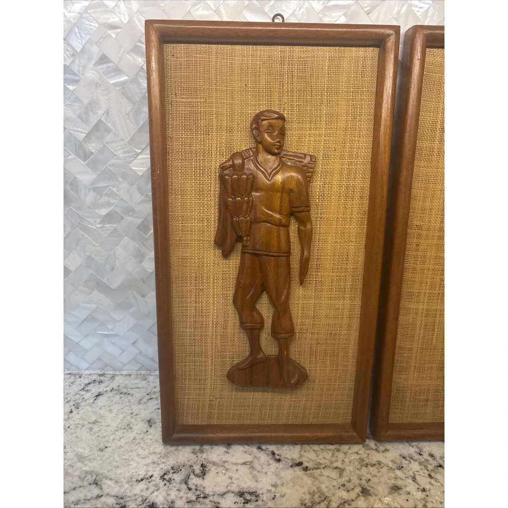 2 Vintage 1960s Mid Century Carved Teak Woman and Man‎ Wall Plaques 15x8in wood